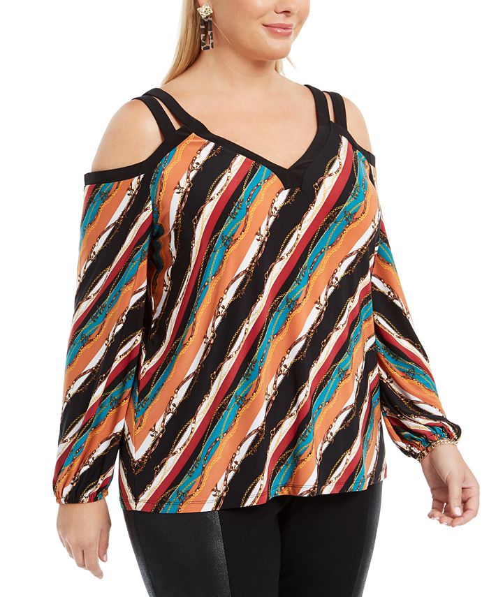 INC International Concepts Women's PlusPrinted Cold-Shoulder Top Red Size 1X