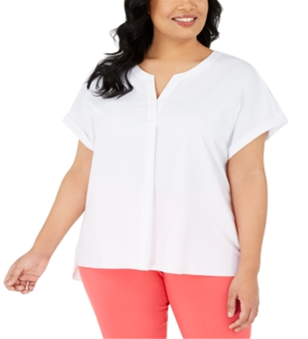 Alfani Women's Plus Split Neck Short Sleeve Top White Size 1X