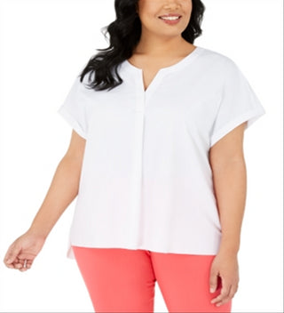 Alfani Women's Plus Split Neck Short Sleeve Top White Size 1X