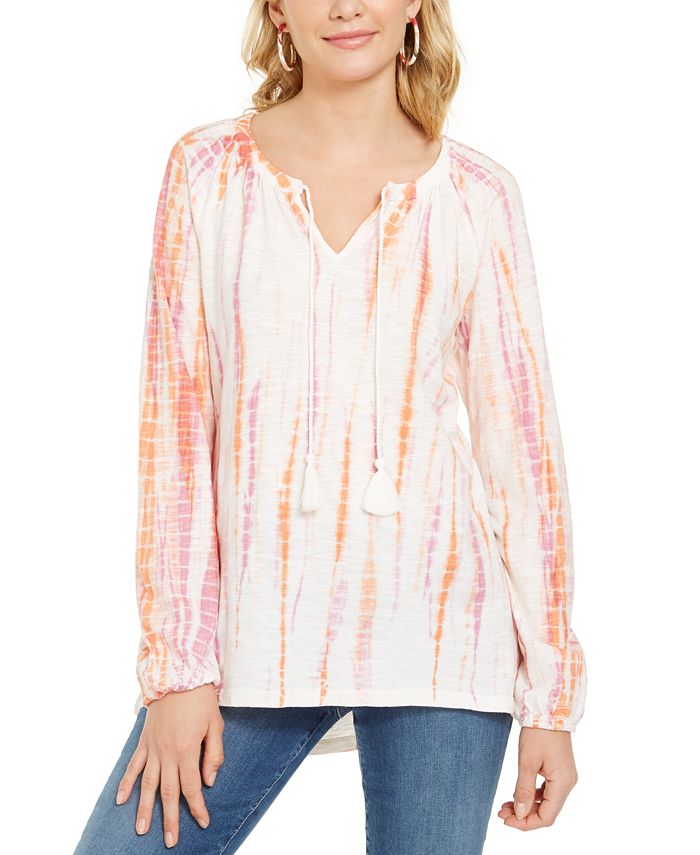 Style & Co Women's Tie Dye Peasant Top Orange Size X-Small