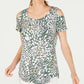 JM Collection Women's Printed Cold Shoulder Top Green Size Small