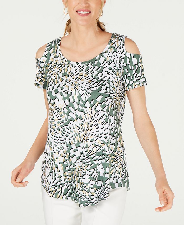 JM Collection Women's Printed Cold Shoulder Top Green Size Small