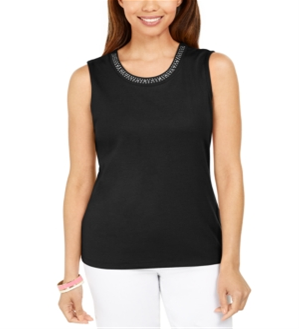 Karen Scott Women's Cotton Embellished Neck Top Black Size XX-Large