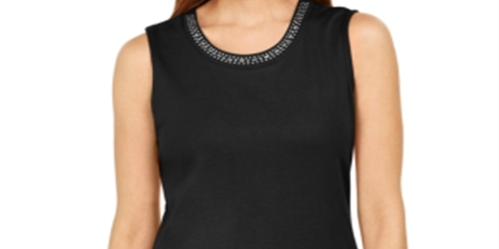 Karen Scott Women's Cotton Embellished Neck Top Black Size XX-Large