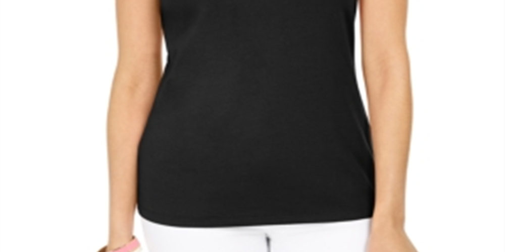Karen Scott Women's Cotton Embellished Neck Top Black Size XX-Large