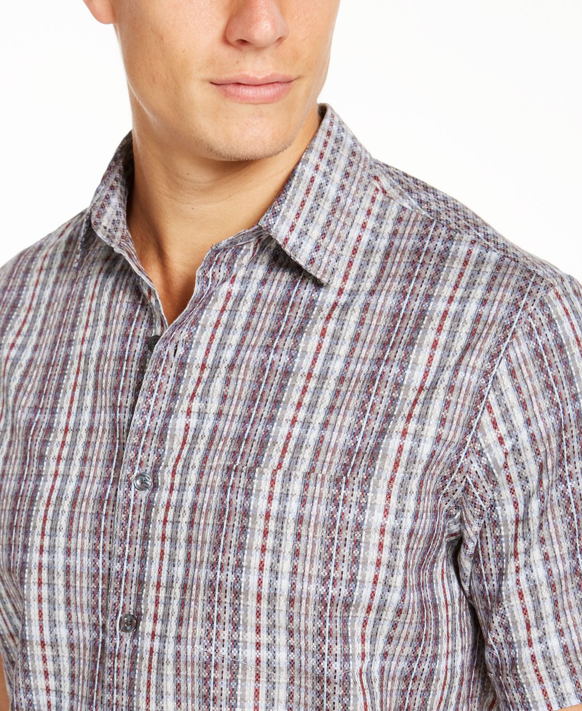 Tasso Elba Men's Obelisco Dobby Cotton Plaid Button-Down Shirt Gray Size Large