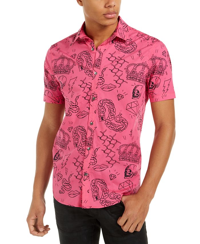 INC International Concepts Men's Edgar Graffiti Regular Fit Button Down Shirt Pink Size L
