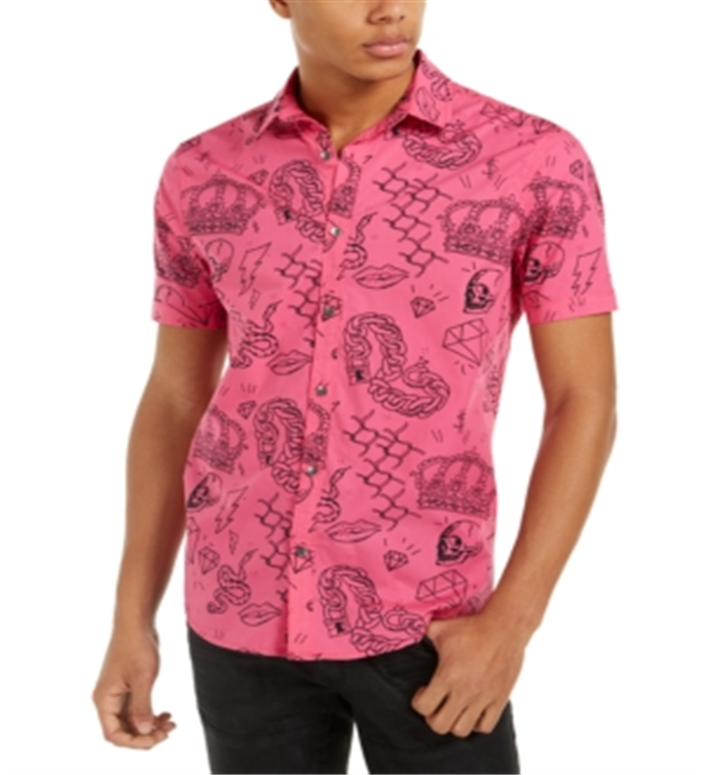 INC International Concepts Men's Edgar Graffiti Regular Fit Button Down Shirt Pink Size L