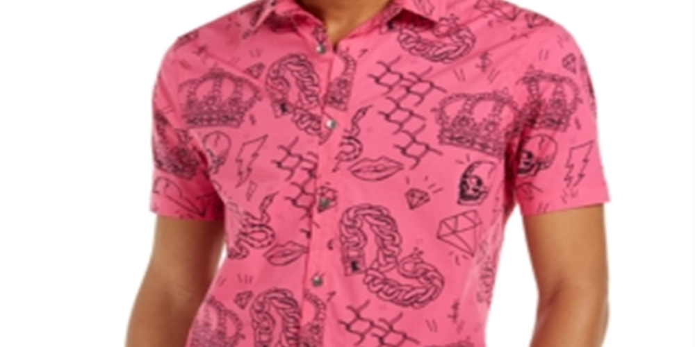 INC International Concepts Men's Edgar Graffiti Regular Fit Button Down Shirt Pink Size L