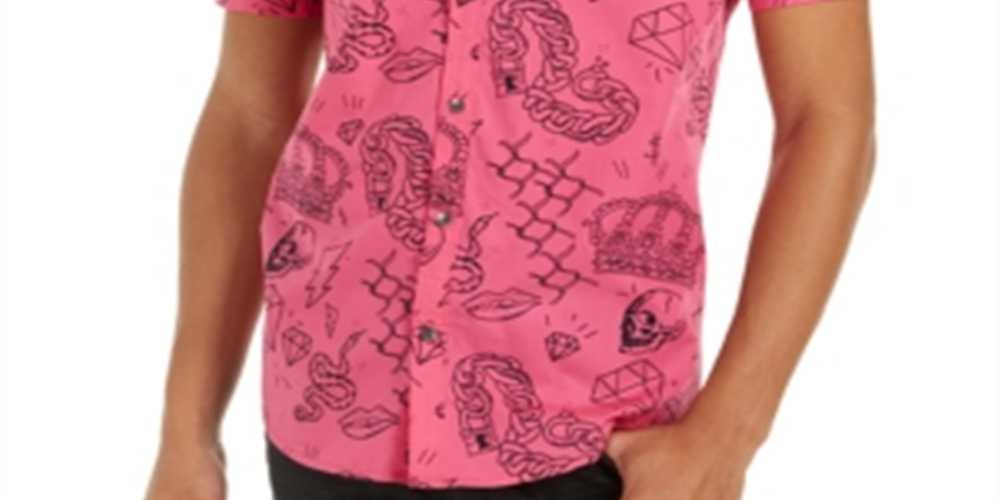 INC International Concepts Men's Edgar Graffiti Regular Fit Button Down Shirt Pink Size L