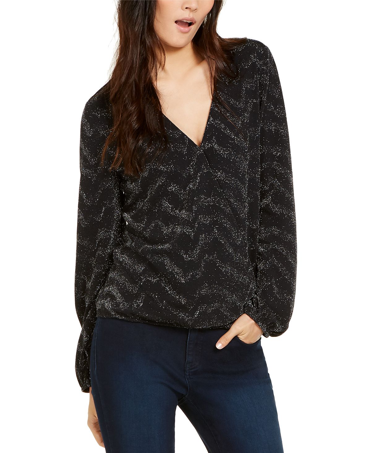 INC International Concepts Women's Metallic Surplice Top Black Size Small