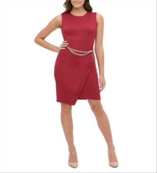 Tommy Hilfiger Women's Petite Chain-Belt Sheath Dress  Red Size 12P