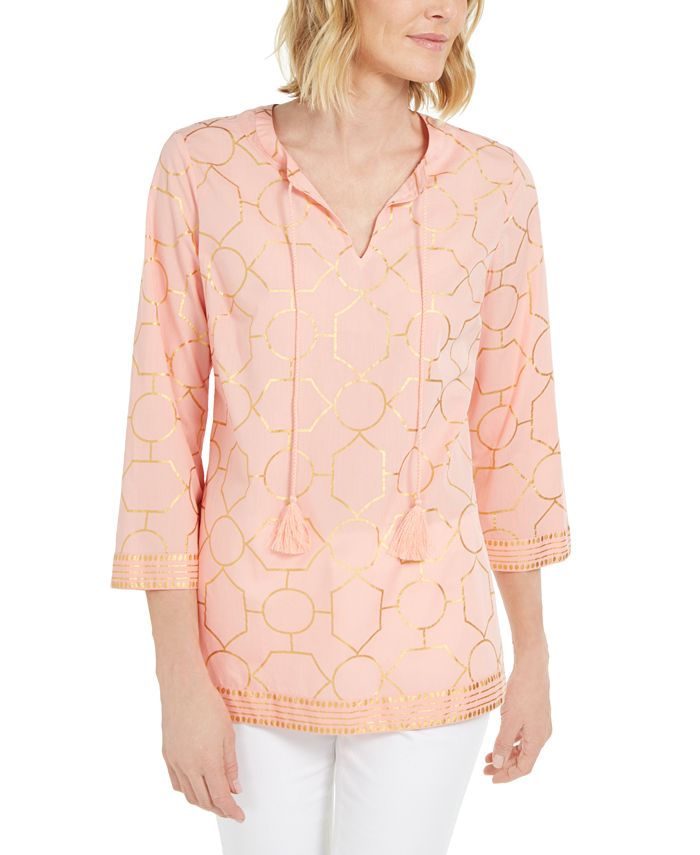 Charter Club Women's Cotton Printed Tunic Orange Size Petite S