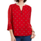 Charter Club Women's Printed Split Neck Bell Sleeve Top Red Size Petite L