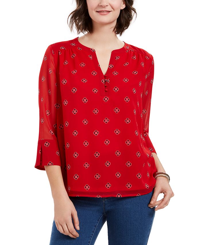 Charter Club Women's Printed Split Neck Bell Sleeve Top Red Size Petite L
