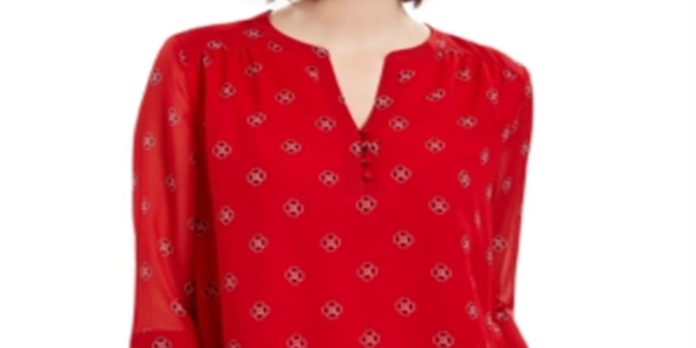 Charter Club Women's Printed Split Neck Bell Sleeve Top Red Size Petite L