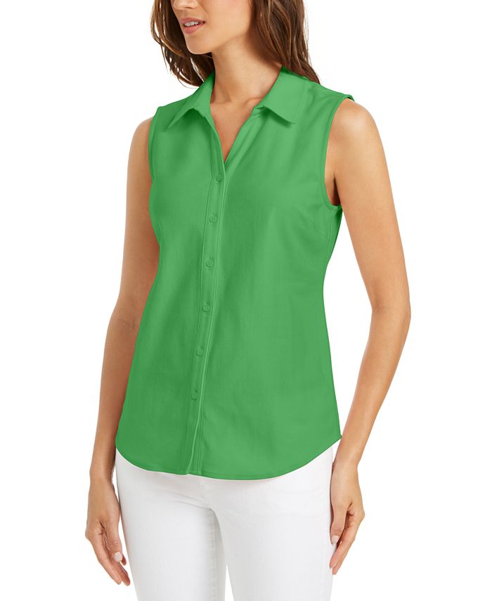 Charter Club Women's  Cotton Pique Sleeveless Shirt Green Size 14