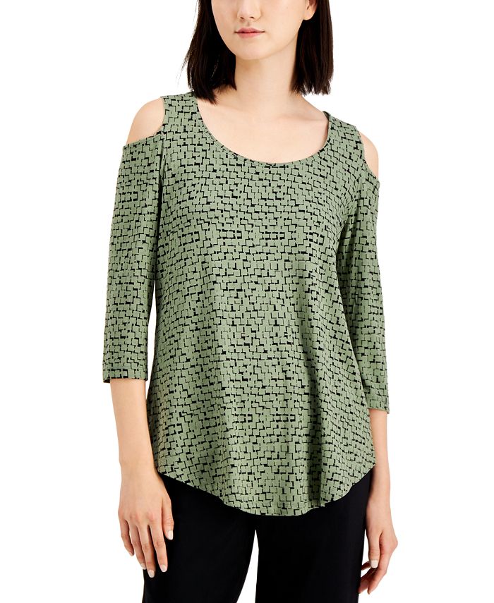 JM Collection Women's Geometric-Print Cold-Shoulder Top Green Size Small