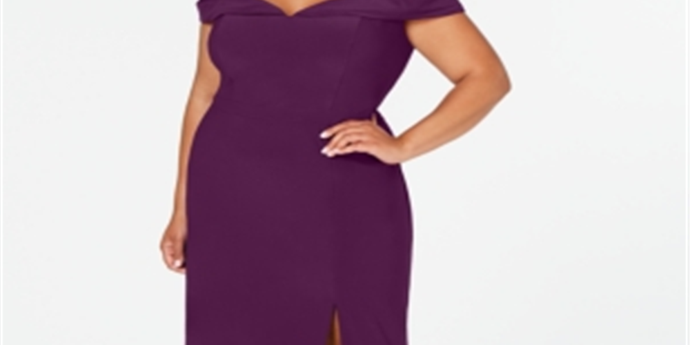 Morgan & Company Women's Plus Off the Shoulder Side Slit Cocktail Dress Purple Size 16W