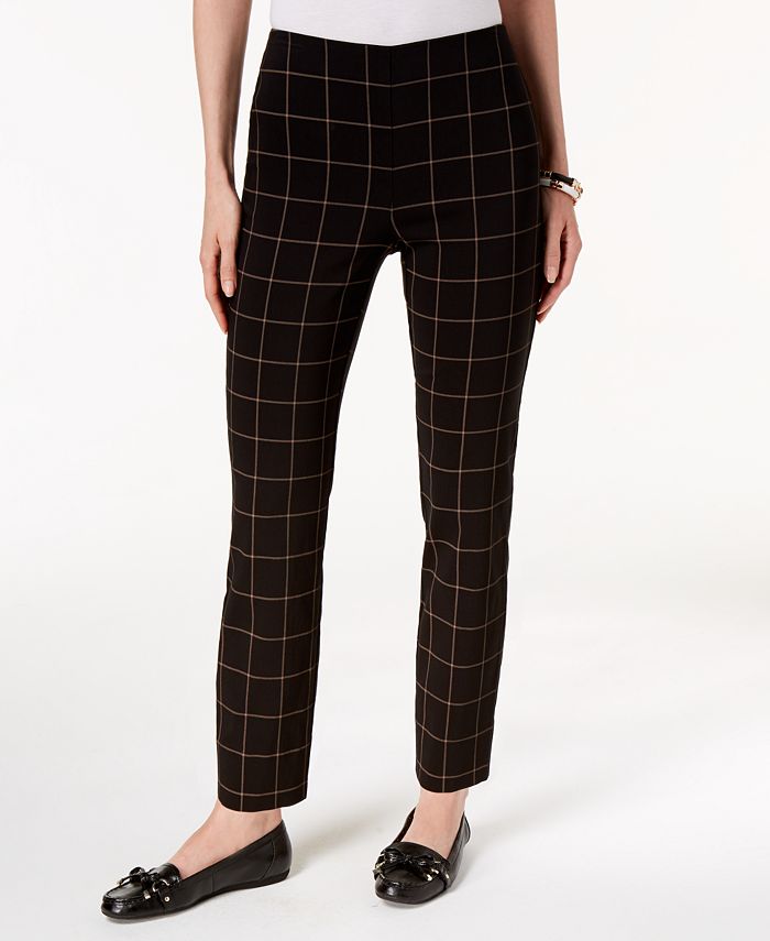 Charter Club Women's Chelsea Plaid Tummy Control Ankle Pants White Size 12