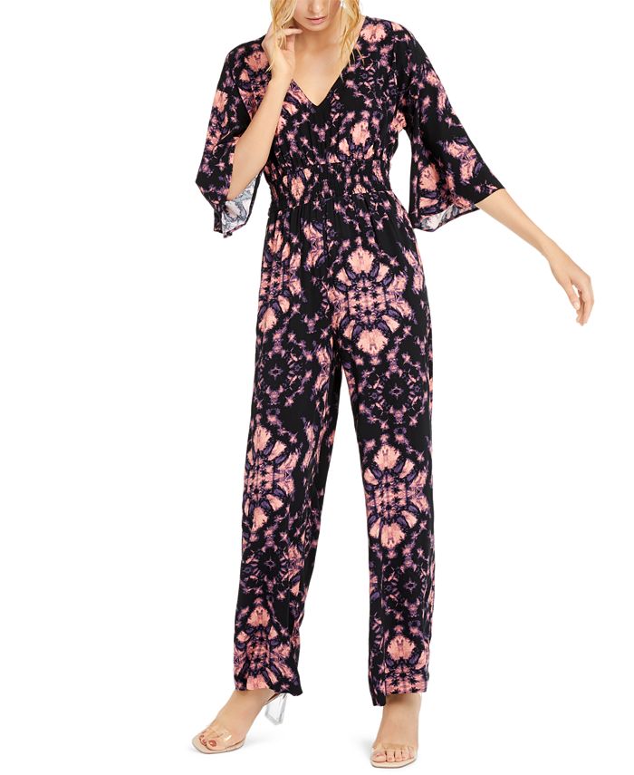 INC International Concepts Women's Tie Dye Bell Sleeve V Neck Straight Leg Jumpsuit Black Size Large
