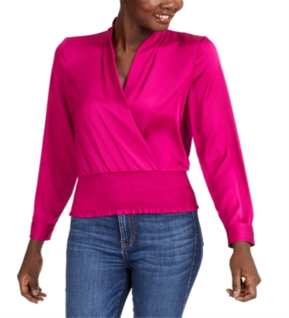 INC International Concepts Women's Smocked Satin Surplice Top Pink Size X-Large