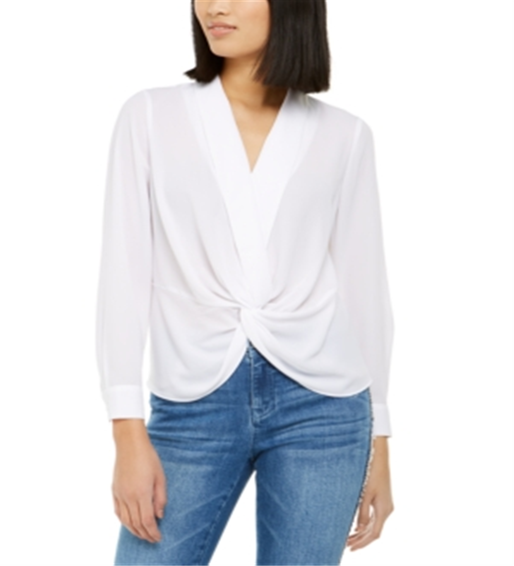 INC International Concepts Women's Gathered Front Long Sleeve Collared Top White Size X-Small