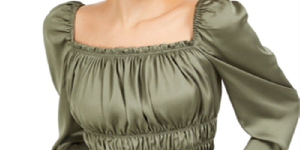 Bar III Women's Square Neck Smocked Puff Sleeve Top Green Size X-Large