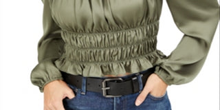 Bar III Women's Square Neck Smocked Puff Sleeve Top Green Size X-Large