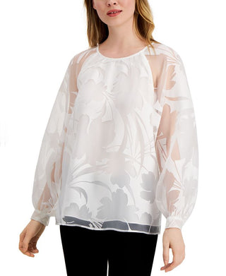 Alfani Women's Sheer Solid Long Sleeve Jewel Neck Top White Size XX-Large