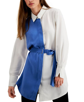 Alfani Women's Color Block Long Sleeve Collared Button up Top Blue Size Medium