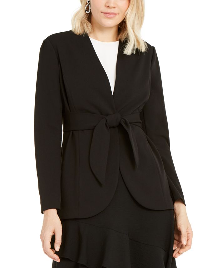 Alfani Women's Tie Waist Collarless Blazer Black Size 14
