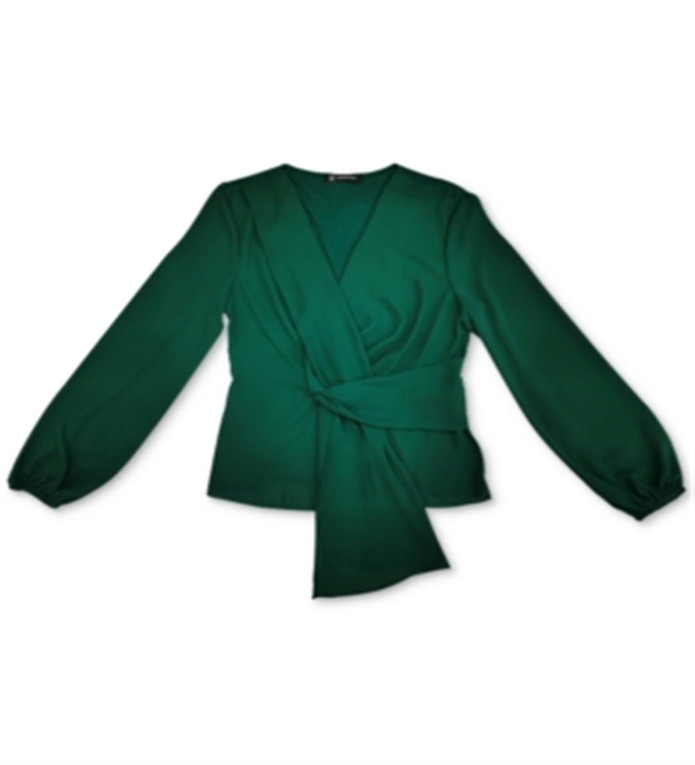 INC International Concepts Women's Drape Front Bishop Sleeve Blouse Green Size Medium
