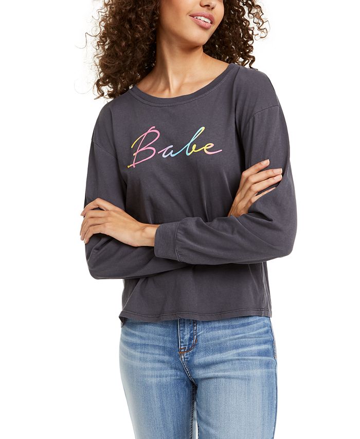 Rebellious One Juniors' Babe Long-Sleeved Graphic T-Shirt Charcoal Black Size XL