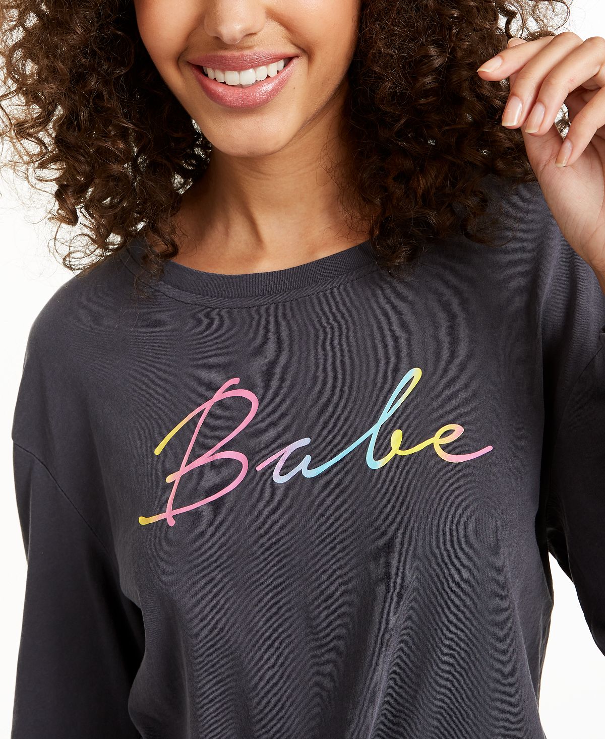 Rebellious One Juniors' Babe Long-Sleeved Graphic T-Shirt Charcoal Black Size XL