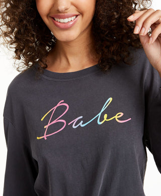 Rebellious One Juniors' Babe Long-Sleeved Graphic T-Shirt Charcoal Black Size XL