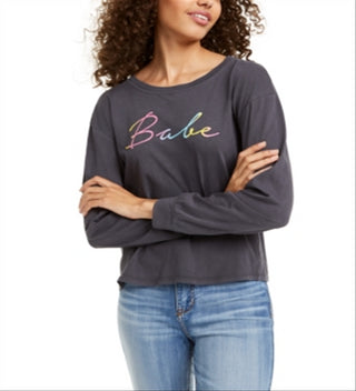 Rebellious One Juniors' Babe Long-Sleeved Graphic T-Shirt Charcoal Black Size XL