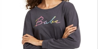 Rebellious One Juniors' Babe Long-Sleeved Graphic T-Shirt Charcoal Black Size XL