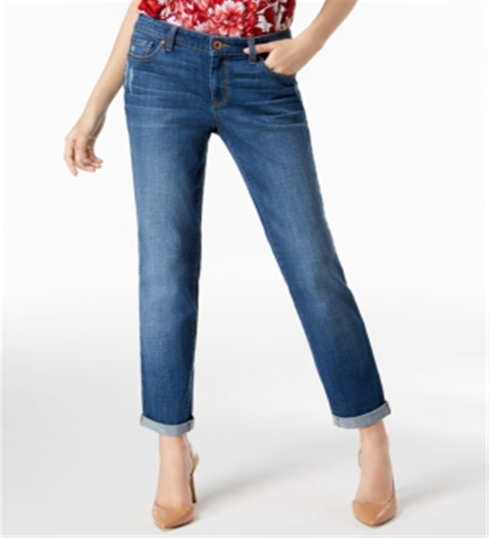 INC International Concepts Women's Curvy Fit Cuffed Boyfriend Jeans Blue Size 14