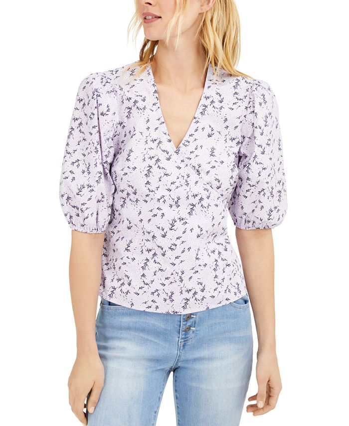 INC International Concepts Women's Tie Floral Short Sleeve V Neck Wrap Top Purple Size X-Large