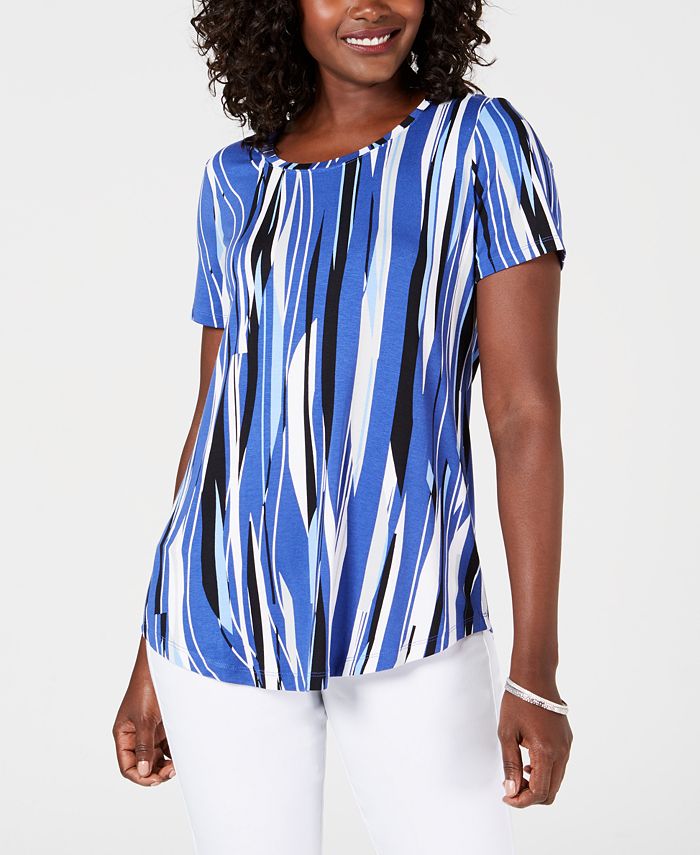 JM Collection Women's Printed Scoop Neck Top Blue Size Small