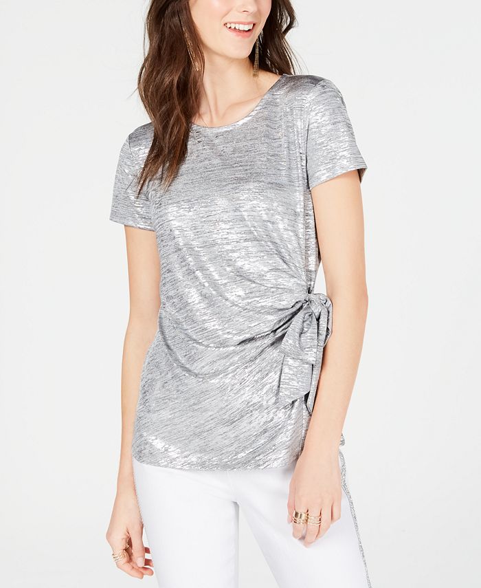 INC International Concepts Women's Blouse Metallic Side Tie Shine Top Silver Size Small