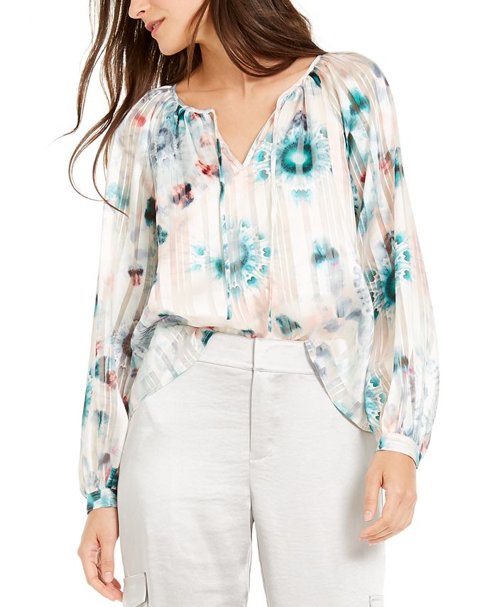 INC International Concepts Women's Tie Dye Metallic Peasant Top White Size X-Small