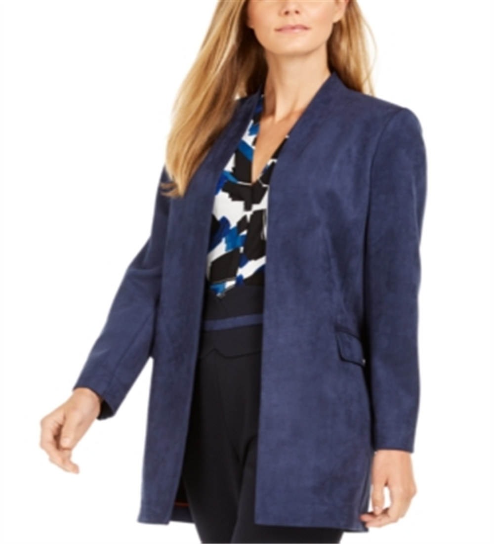 Calvin Klein Women's Faux Suede Open Front Topper Jacket Blue Size 16