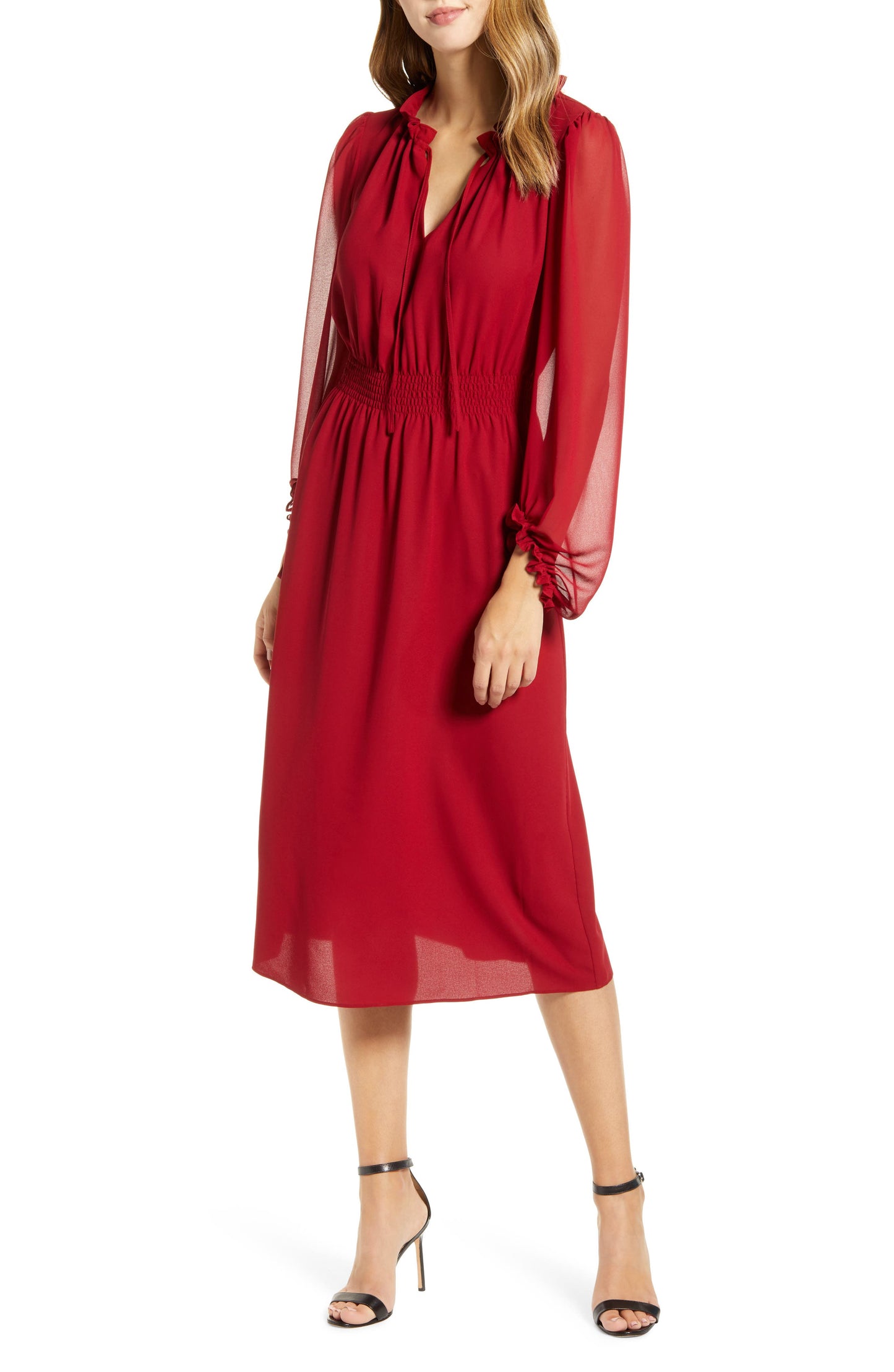 Anne Klein Women's Smocked Waist Midi Dress Red Size Medium