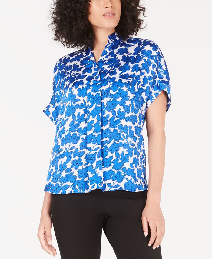 Alfani Women's Printed Short Sleeve Blouse Blue Size Petite S