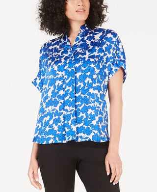 Alfani Women's Printed Short Sleeve Blouse Blue Size Petite S