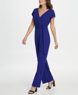 DKNY Women's Belted Short Sleeve Surplice Neckline Evening Straight Leg Jumpsuit Blue Size 2