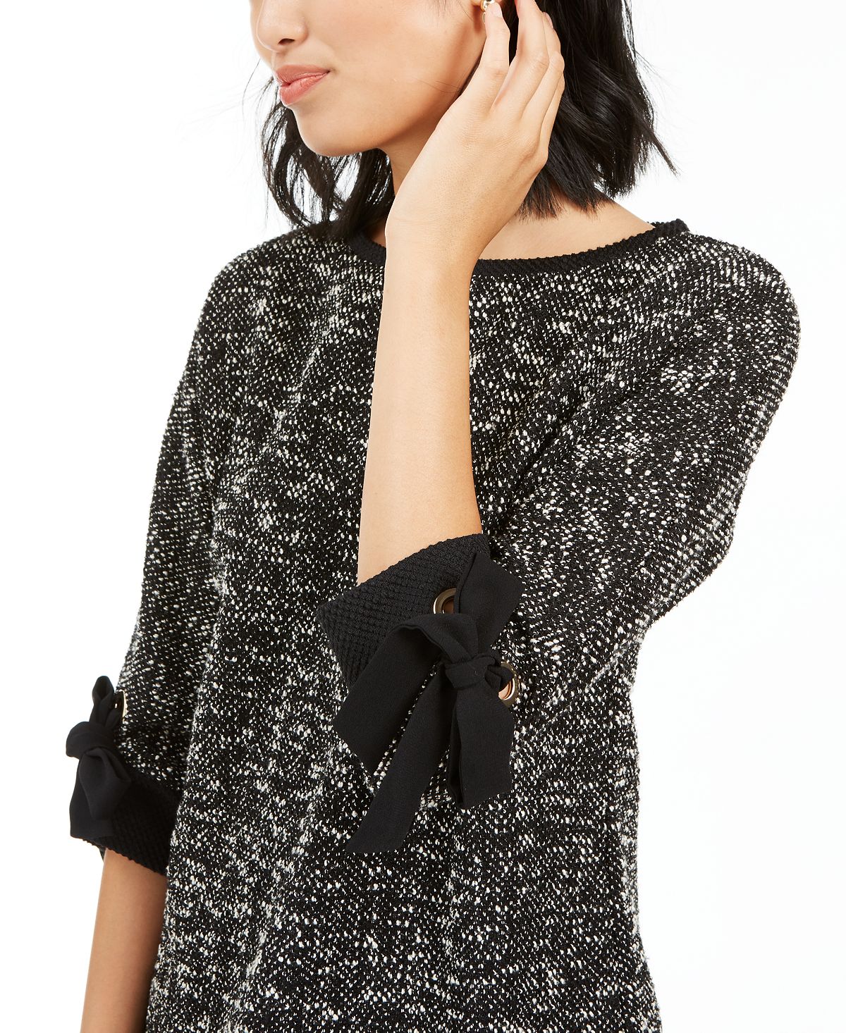 Charter Club Women's Bow Cuff Marled Top Black Size Petite S