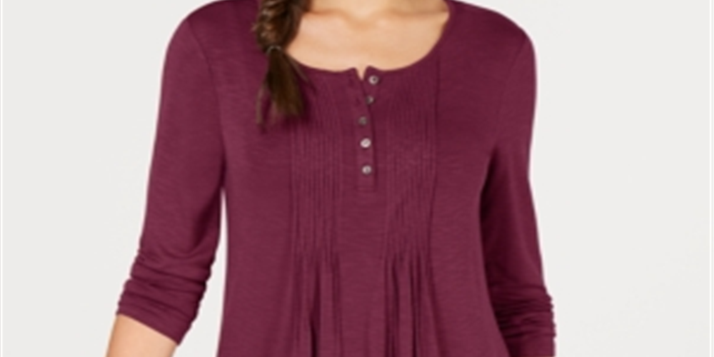 Style & Co Women's Long Sleeve Pintuck Top Purple Size Medium
